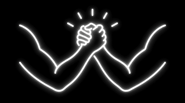 Neon-Illustration zweier Hände, die sich im Unterarm-Griff fassen – Sinnbild für die Verbindung beider Netzwerke