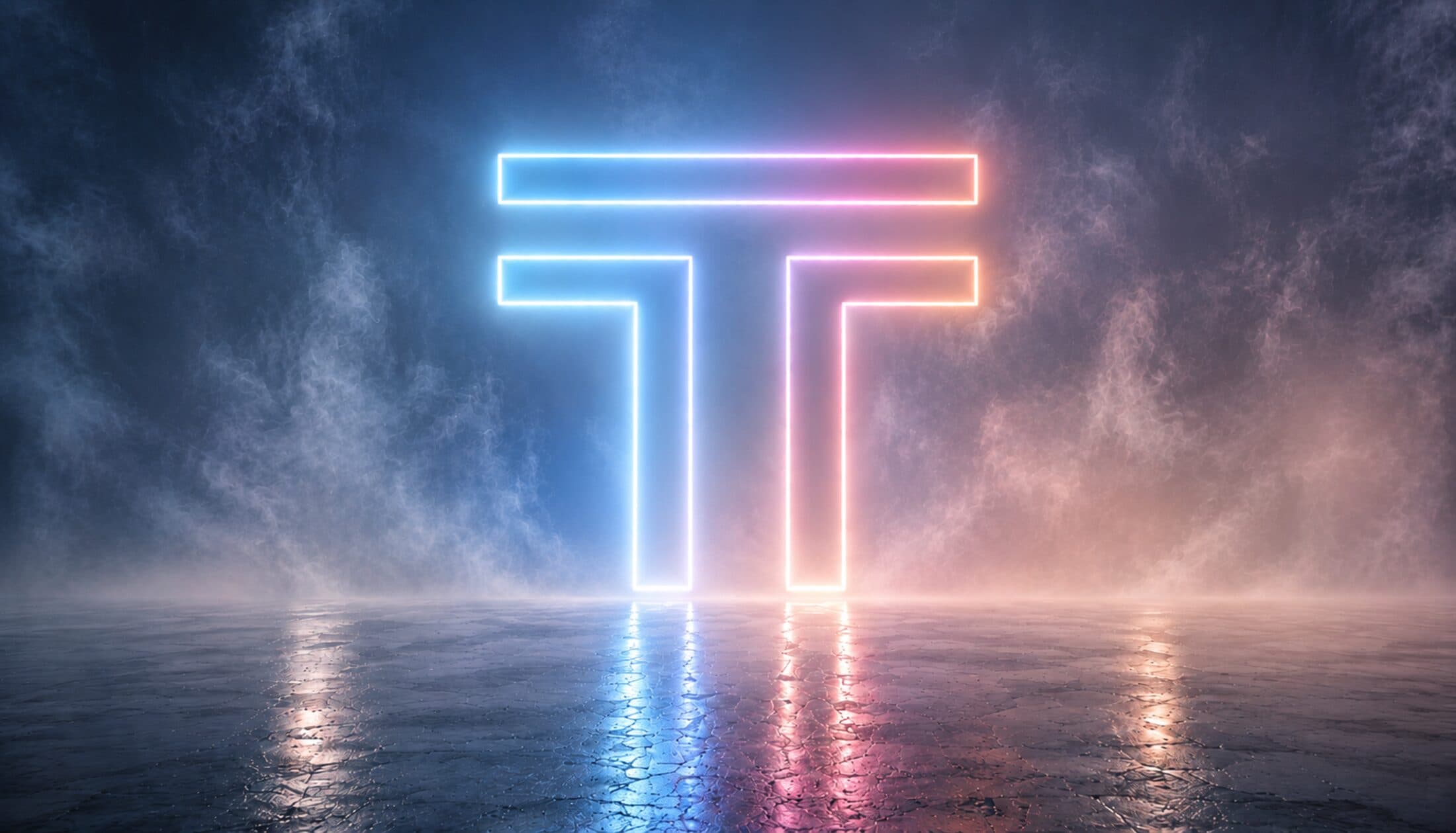 Leuchtendes Portal in Form des Transformatoren-Monogramms in Blau und Pink, umgeben von Nebel – Sinnbild für das Netzwerk als Zugang zur Transformation